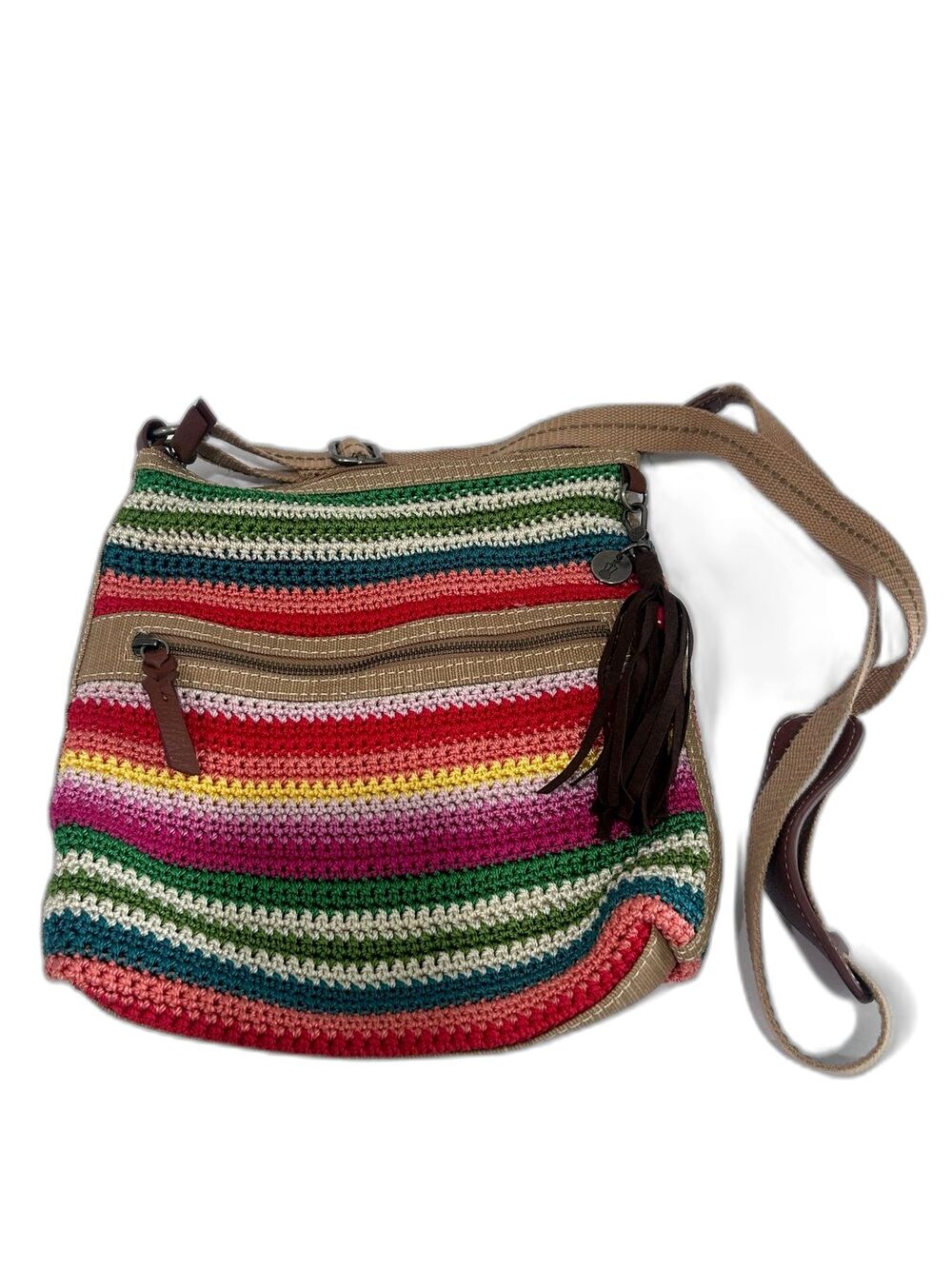 The Sak Multicolor Crochet Crossbody Hobo Bag Boho Stripe Tassel Zip Purse.